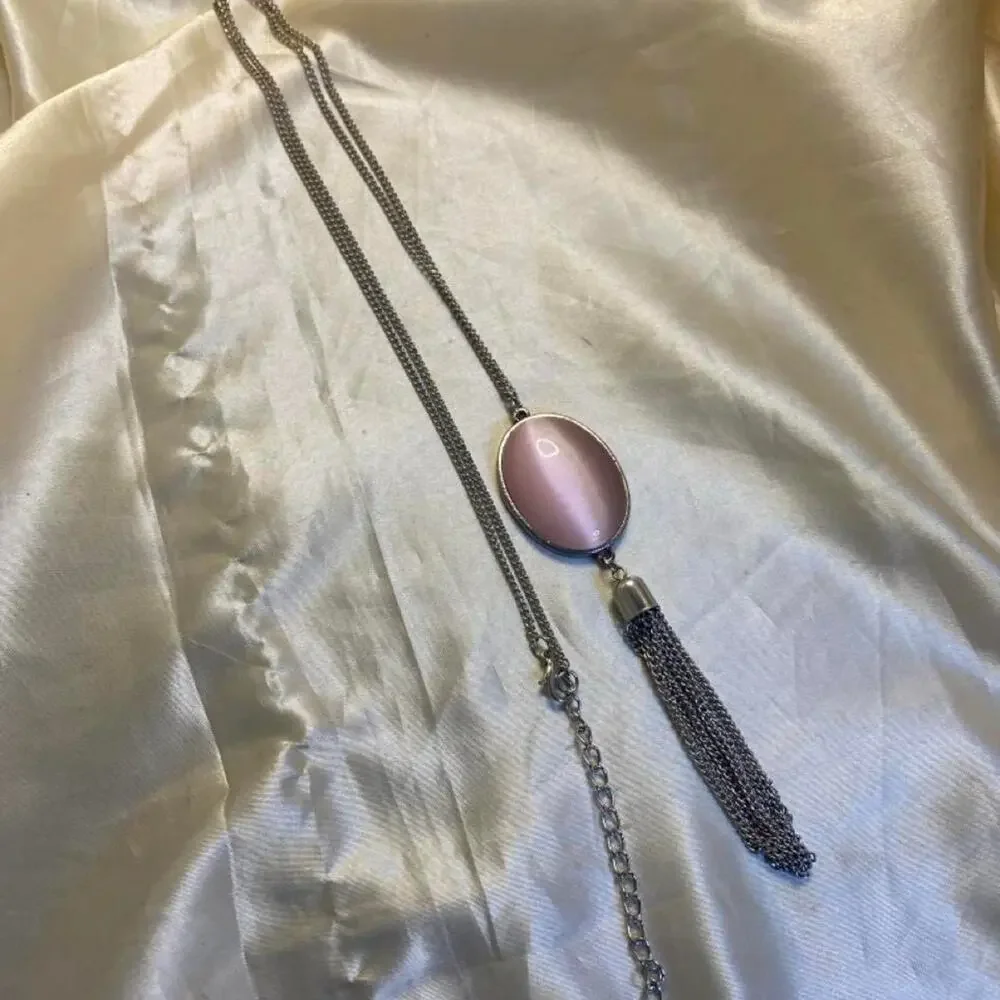 Vintage Long Pink Cat’s Eye Glass Tassel Necklace Silver Tone Retro 1970s